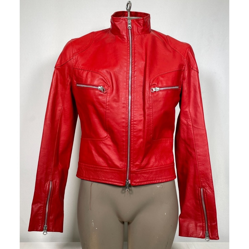 LALTRAMODA Red Full Zip Leather Biker Motorcycle Jacket Women's Sz 42